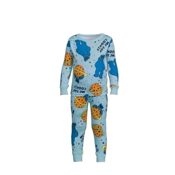 Infant Toddler  2pc Sesame Blue Street Cookie Monster Blue Cotton Pajama Sz 12M - Picture 1 of 5